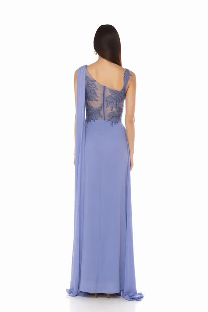 Mavi Göğüs Nakışlı Drape Detaylı Abiye Elbise